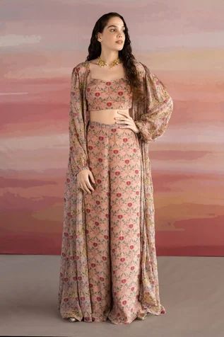 Shop for Ease Brown Crepe Printed Jacket And Palazzo Set for Women Online at Aza Fashions Kurti With Balloon Sleeves, Floral Print Dress Outfit, Brown Floral Print, Traditional Indian Dress, Bollywood Outfits, Western Outfit, Printed Jacket, Indian Fashion Saree, Palazzo Pant