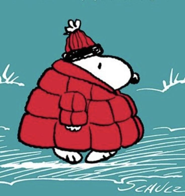 a cartoon character wearing a red jacket and hat in the water with snow on it