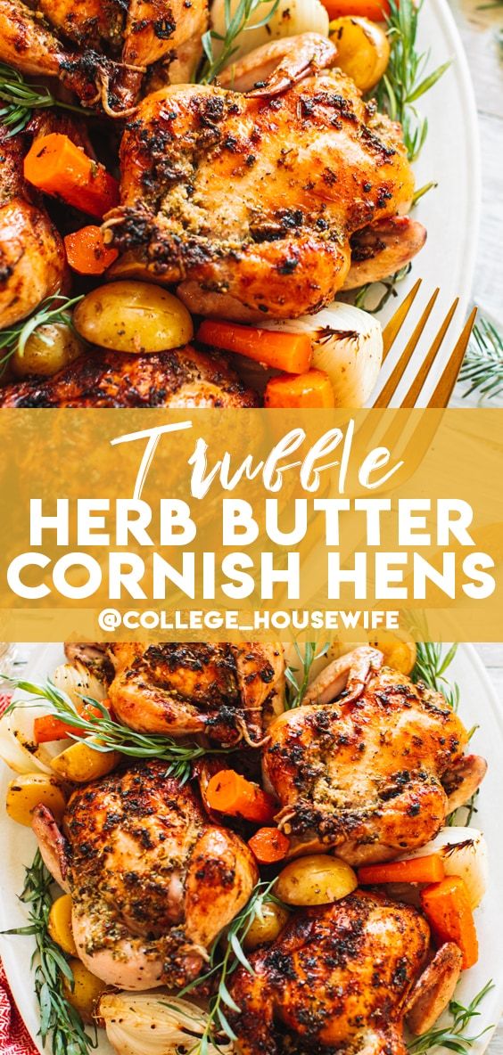 two plates with chicken, potatoes and carrots on them next to the words triple herb butter