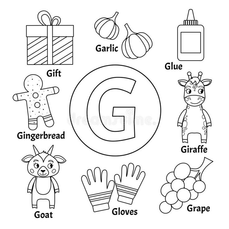 the letter g is for giraffe and other objects coloring book page royalty illustration