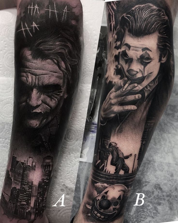 the joker tattoo is shown on both forearms and arm, while another half - sleeved