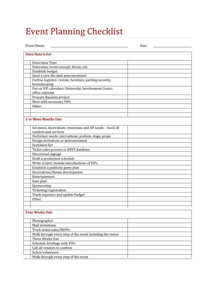 the event planning checklist is shown in red and white, with text on it