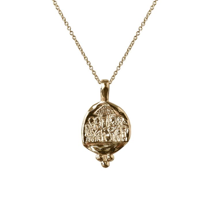 Vestal Virgins at the Temple Necklace | Common Era Jewelry Ceremonial Symbolic 14k Gold Necklace, Ceremonial 14k Gold Symbolic Necklace, Symbolic 14k Gold Ceremonial Necklace, Elegant Engraved Temple Necklace For Rituals, Gold Engraved Goddess Style Jewelry, Goddess Style Engraved Medallion Jewelry, Gold Goddess-style Engraved Jewelry, Gold Engraved Goddess Jewelry, Gold Goddess Style Engraved Jewelry