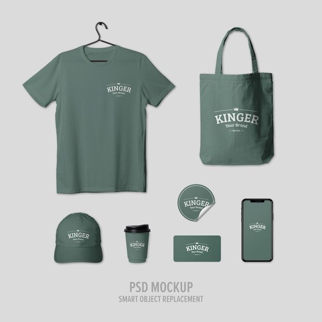 a green t - shirt, hat and bag mockup