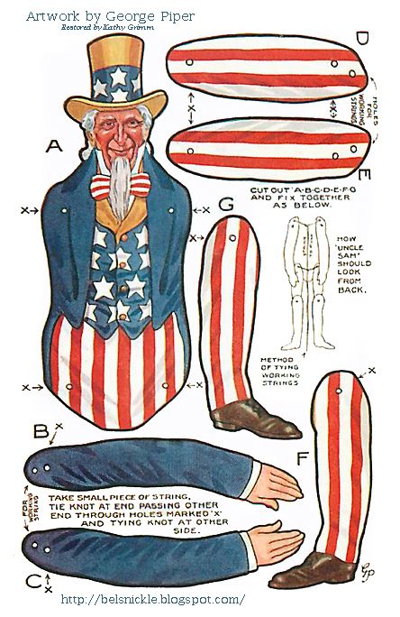 an old paper doll with american flag clothes and hat on it's head, sitting down