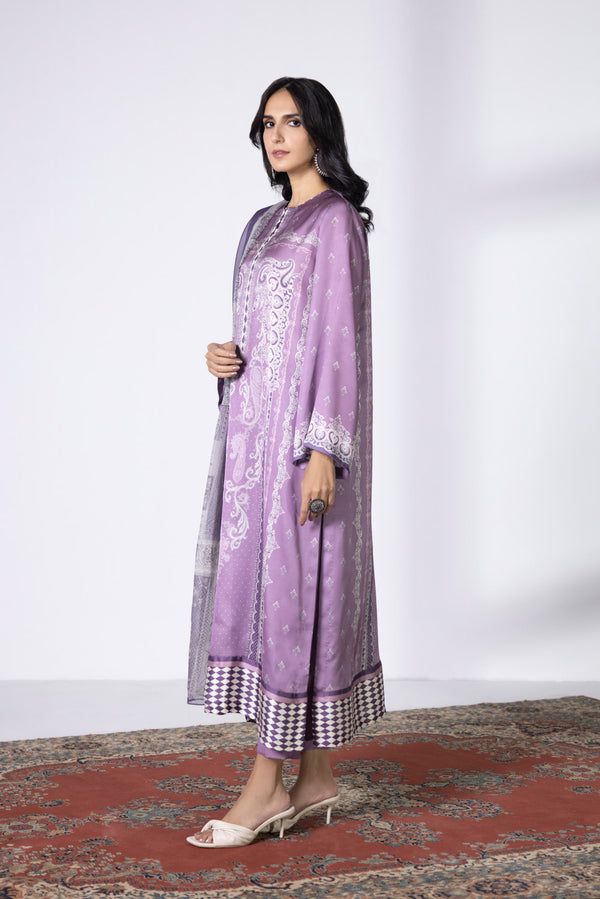 Immerse yourself in soft hues with this intricately patterned lilac fantasy in satin paired with a chiffon dupatta. Product DetailUnstitched 3-Piece SHIRTDigital Printed Blended Satin Shirt 2.3MFabric: Blended SatinColour: Lilac DUPATTADigital Printed Blended Chiffon Dupatta 2.5MFabric: Blended ChiffonColour: Multi TROUSERDyed Blended Raw Silk Trouser 2.5MFabric: Blended Raw SilkColour: Lilac Purple Lawn Suit With Dupatta For Formal Occasions, Formal Purple Lawn Suit With Dupatta, Elegant Purple Lawn Suit With Printed Motifs, Formal Purple Unstitched Suit, Unstitched Lavender Sets For Eid, Silk Unstitched Suit With Digital Print Long Sleeve, Purple Silk Dupatta For Eid, Elegant Purple Palazzo Set With Dupatta, Elegant Purple Straight Kurta Set