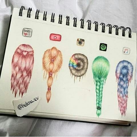 an open notebook with drawings of different types of hair and body parts on it's cover