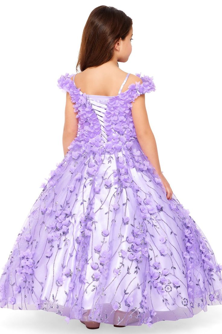 Your sweet girl will make a grand entrance in this 3D floral long cold shoulder dress with A-line skirt by Cinderella Couture 8021. This beautiful ballgown features an off shoulder bodice embellished with 3D floral appliques, open back, a floor length A-line skirt with sweep train, and a lace-up corset back. Designer: Cinderella Couture Fabric: Mesh, 3D Floral Appliques, Glitter Embellishments, Polyester Fully lined Colors: Dusty Rose Pink, Lilac Sizes: 2, 4, 6, 8, 10, 12, 14, 16 Occasions: Pageant, Flower Girl, Junior Bridesmaid, Formal Event, Wedding Guest, Holiday, First Communion, 3 Años Presentation, Mini Quince Type of Dress: Floor Length Dress (Please refer to the Floor Length section in the Size Chart) Beautiful Ballgown, Off Shoulder Gown, Cinderella Dresses, Corset Back, Grand Entrance, Junior Bridesmaid, Floor Length Dresses, Floral Applique, Types Of Dresses