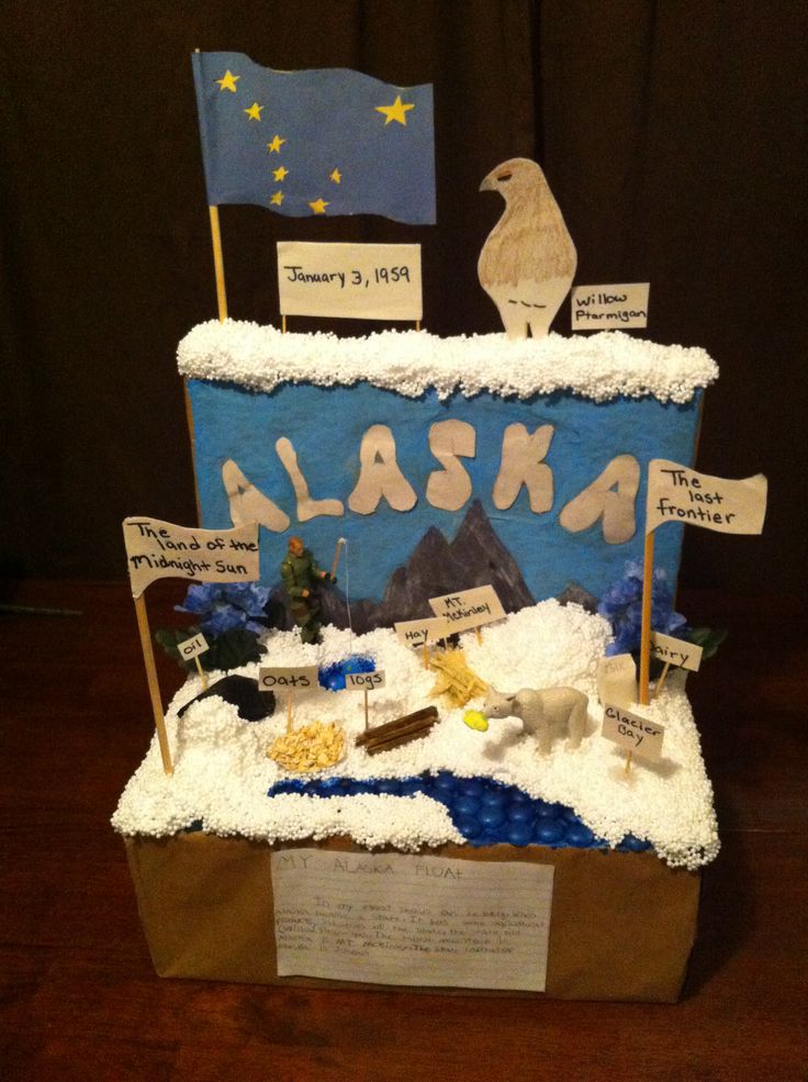 a cake made to look like alaska with flags and mountains in the background on a wooden table