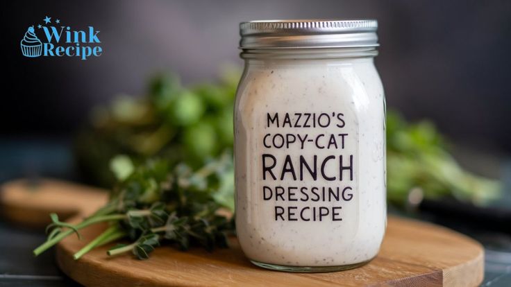 a glass jar filled with ranch dressing sitting on top of a cutting board next to greens