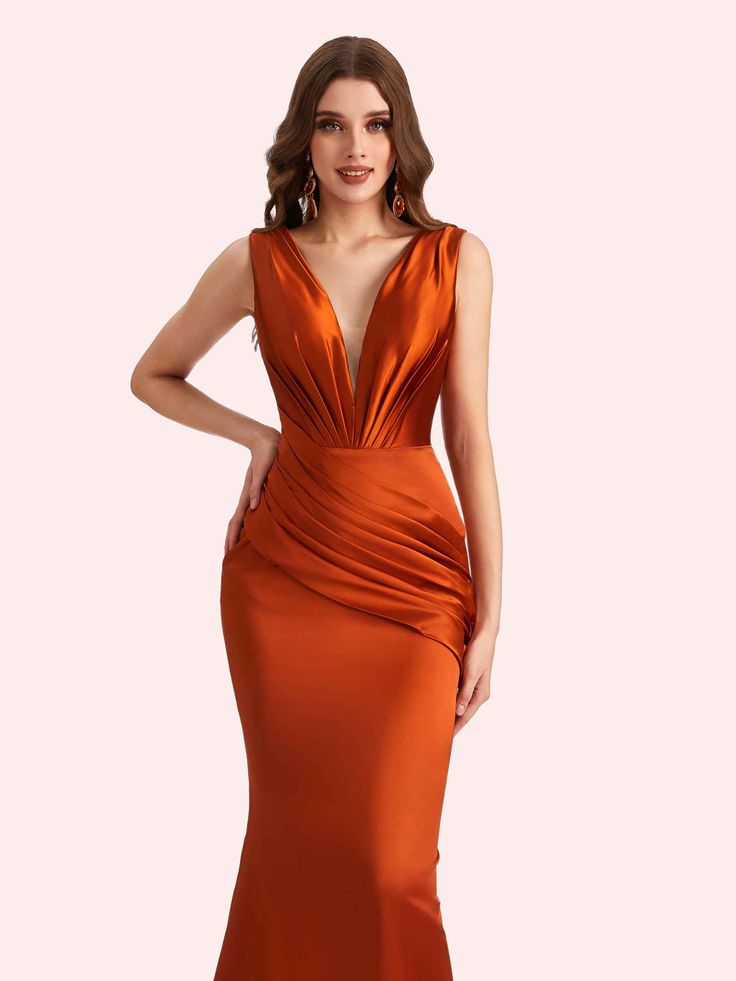 Details Brand:CetimsMaterial: soft satin, pongee.Silhouette: MermaidNeckline: V-NeckLength: Floor-lengthEmbellishment: PleatsStraps: Spaghetti StrapsSleeve: SleevelessBack Style: Zipper BackFully Lined: YesBuilt-In Bra: NoBoning: NoSize: General, PlusModel's Dress Size: US2 Which Bust 33'', Waist 26.5'', Hip 36.5'', Height 69'' with shoesSize:Only error is less than 1'' between your real measurements (bust, waist, hip: biggest part of hip, hollow to floor with shoes on) and standard size, then c Satin V-neck Dress With Sweep Train For Evening, Satin V-neck Gown With Sweep Train, Satin V-neck Evening Dress With Sweep Train, Satin V-neck Banquet Dress, Satin V-neck Dress With Sweep Train, Elegant Satin V-neck Dress With Sweep Train, Satin V-neck Dress For Wedding And Prom Season, Evening Satin V-neck Dress With Sweep Train, Party Satin Dress With V-neck And Sweep Train