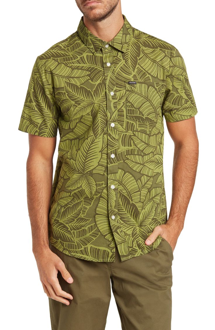 An allover print accentuates a soft shirt that comes with a classic chest pocket.Fit: this style fits true to size. . Regular fit. Spread collar. Short sleeves. Front button closure. Chest pocket. Allover print. Approx. 31" length. Imported Machine wash 100% cotton Spring Cotton Camp Shirt With All Over Print, Casual Green Shirt With All Over Print, Green Collared Shirt With All Over Print, Printed Cotton Collared Camp Shirt, Floral Print Cotton Button-up Camp Shirt, Floral Print Cotton Camp Shirt, Printed Collared Cotton Short Sleeve Shirt, Casual Cotton Shirt With All Over Print, Patterned Cotton Short Sleeve Button-up Shirt