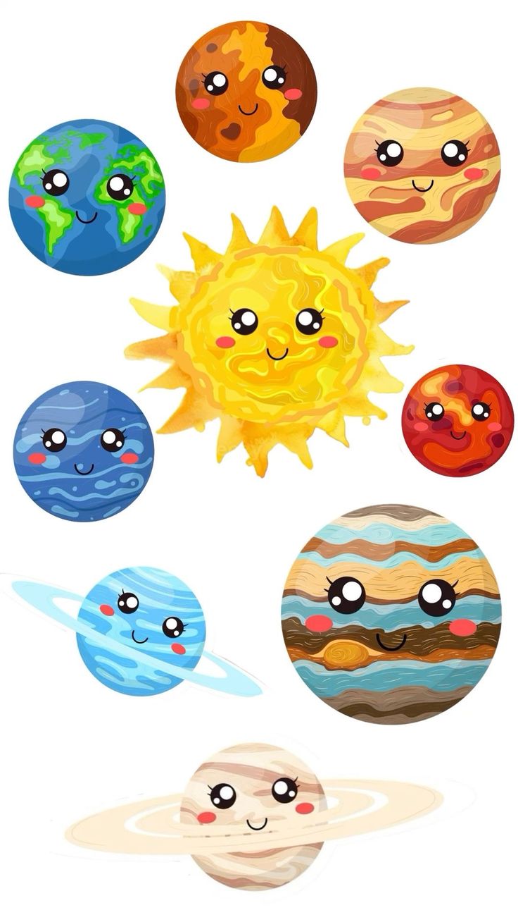 the solar system with eight different planets and their faces, all in different colors on white background