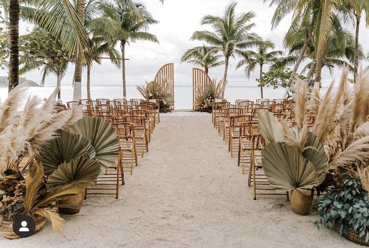 an outdoor ceremony setup with chairs and palm trees