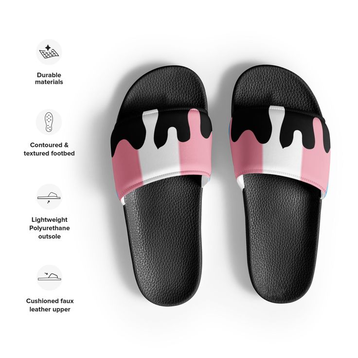 A must-have for the summer: these women’s slides. A pair of these will keep you comfy throughout your day of beach or pool activities, thanks to the cushioned upper strap and the textured footbed. • Cushioned and durable faux leather upper strap • Lightweight polyurethane (PU) outsole • Contoured, textured footbed • Stitched around the upper perimeter for extra durability • Spot clean only • Printed, cut, and handmade • Blank product sourced from China Important: This product is available in the Summery Outfits, Open Toed Shoes, Pool Activities, Trans Pride, Vatican City, Pride Flag, Us Man, Pride Flags, Black 7