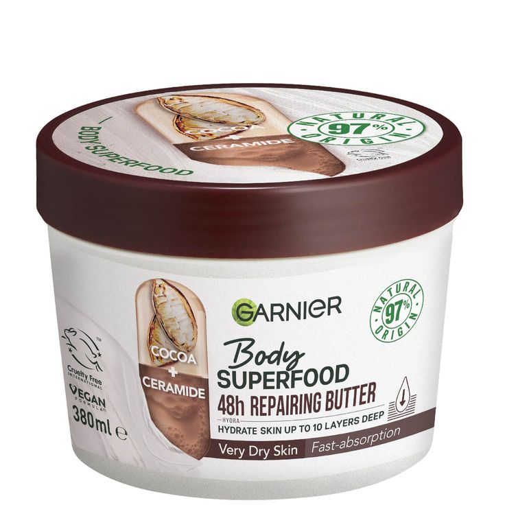 Providing up to 48 hours of hydration, the Garnier Body Superfood Repairing Body Butter with Cocoa and Ceramide is a rich and creamy formula developed to quench dry skin and provide ultra-nourishing benefits.  The luscious body butter features 97% natural origin ingredients, including moisturising cocoa and ceramides encouraging lasting soft and supple results. Fast-absorbing, the cream seeks to leave skin feeling silky without any greasy residue, so you can apply, get ready and go.  Vegan and c Garnier Body Lotion, Skin Supplements, Layers Of The Epidermis, Beauty Wishlist, Cocoa Seeds, Nutella Bottle, Skin Care Moisturizer, Christmas 2024, Hydrate Skin