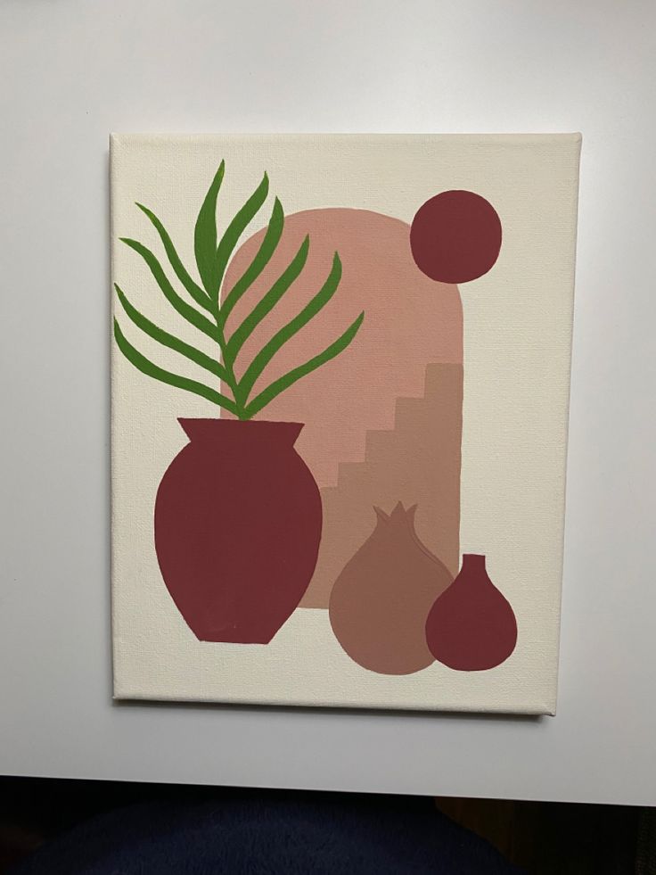 a painting on a wall with vases and a plant in the middle, against a white background