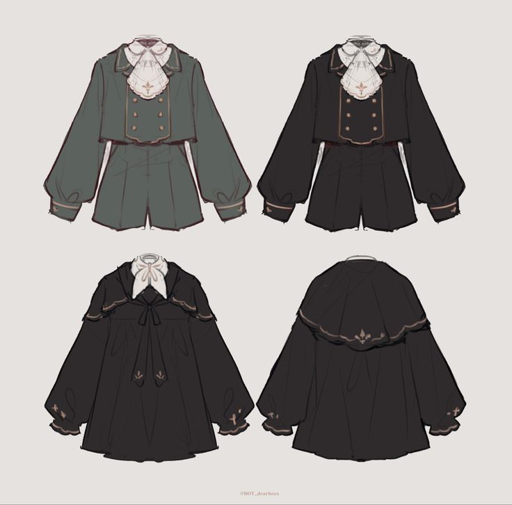 three different styles of clothes with long sleeves and collars, one in black and the other in green