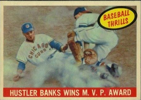 an old baseball card with a player sliding into home plate and the caption reads hustler banks wins, v p award