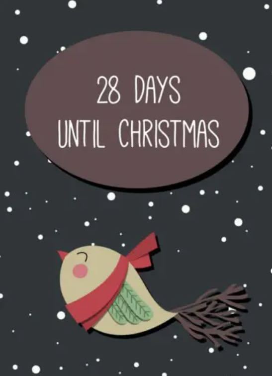 a cartoon bird with a speech bubble above it that says, 28 days until christmas