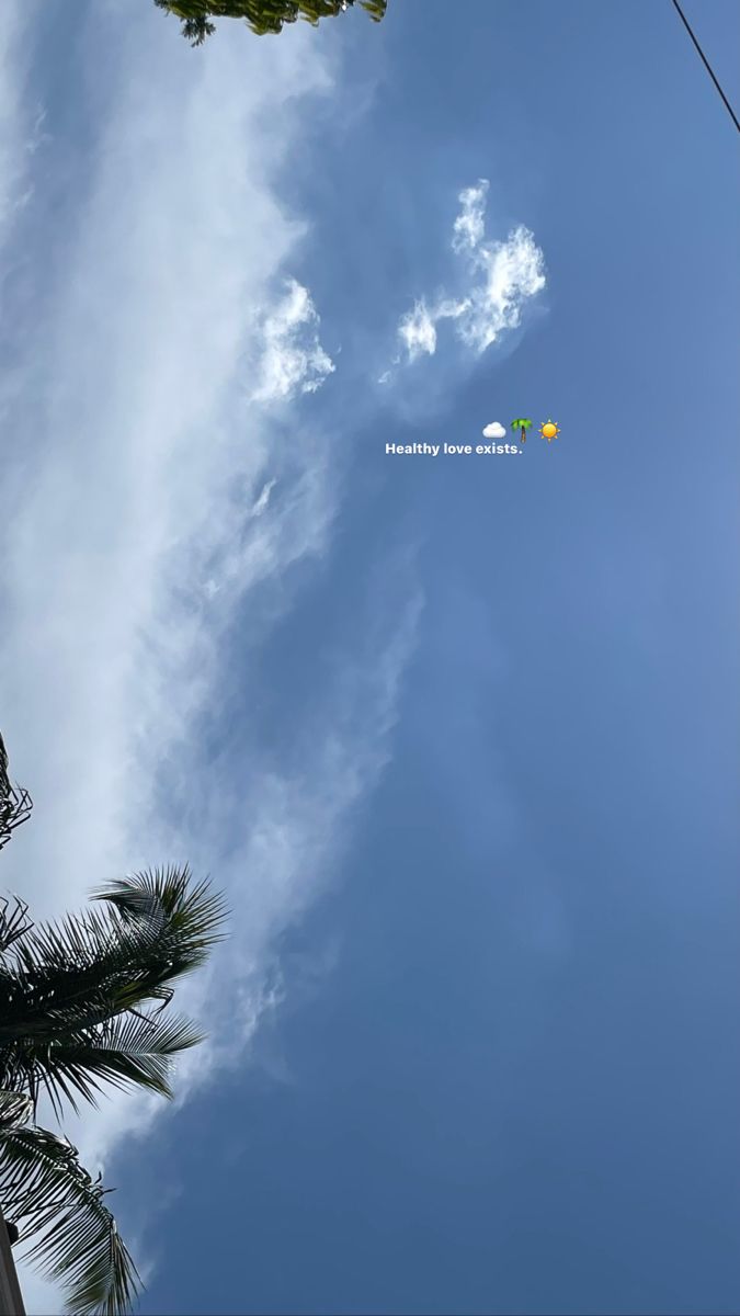 an airplane is flying through the blue sky above some palm trees and clouds in the background