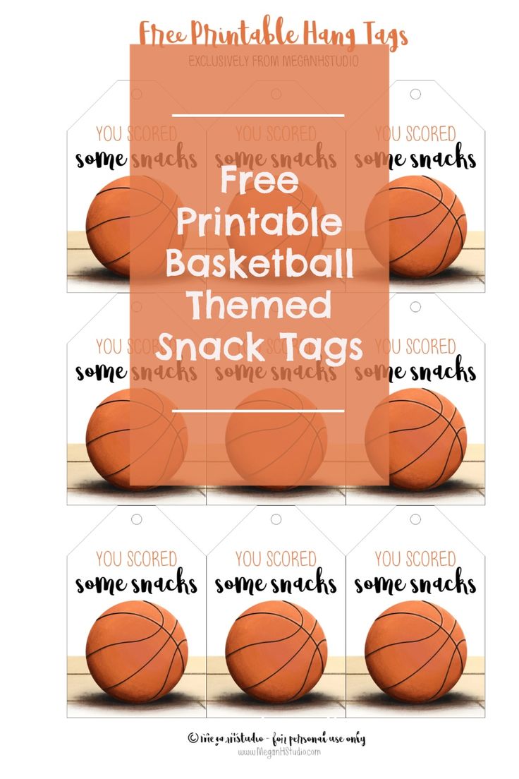 four basketballs with the words free printable basketball themed snack tags on them, and three