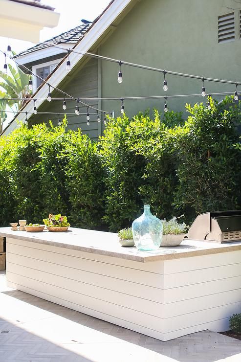 an outdoor kitchen with lights strung from the roof and plants on the counter in front of it