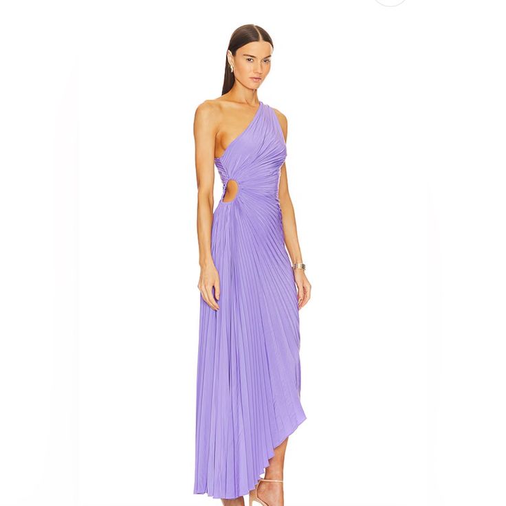 Size 4 The Delfina Dress, A Part Of A.L.C.'S Signature Collection, Is Asymmetrically Draped And Pleated. This One-Shoulder Silhouette Features A Confident Side Cutout And High-Low Hem. Worn Once. Chic Lavender Midi Dress For Evening, Purple Pleated Maxi Dress, Lavender Sleeveless Dress For Gala, Purple Maxi Evening Dress For Summer, Summer Gala Dresses With Asymmetrical Hem, Asymmetrical Summer Evening Dress For Gala, Asymmetrical Maxi Dress For Summer Dinner, Asymmetrical Evening Dress For Summer Gala, Summer Asymmetrical Maxi Dress For Dinner