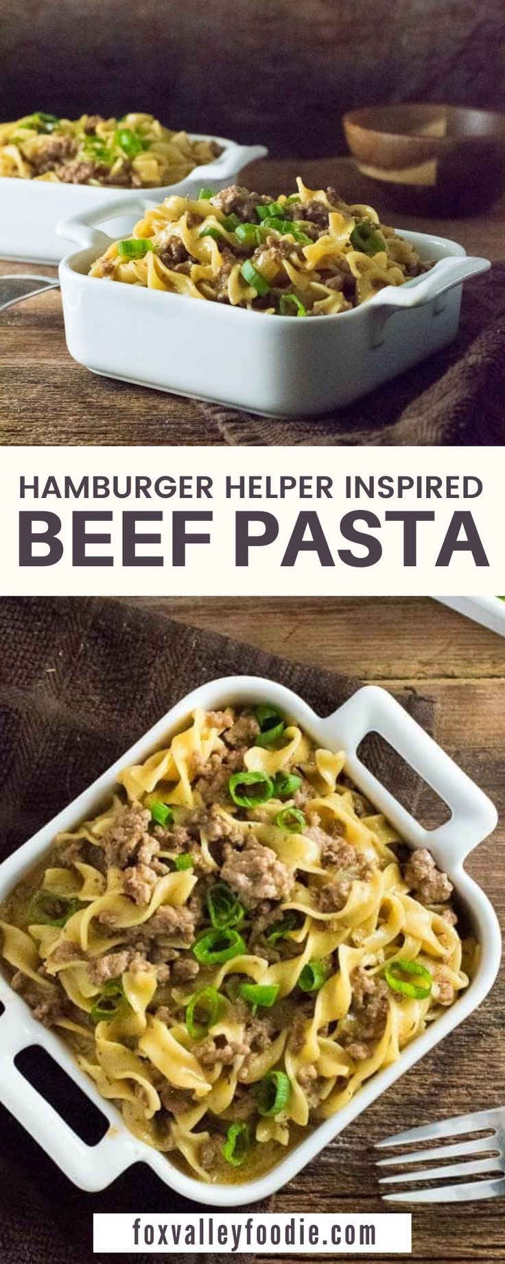 two pictures showing different types of food in white casserole dishes with text overlay that reads hamburger help inspire beef pasta