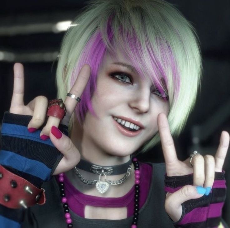 a woman with pink hair and piercings making the peace sign in front of her face