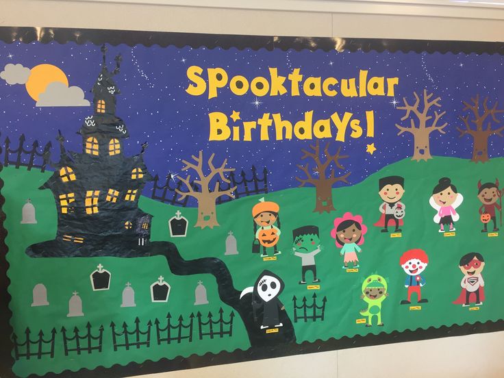 a halloween themed bulletin board with children's pictures on it and the words spooktacular birthdays