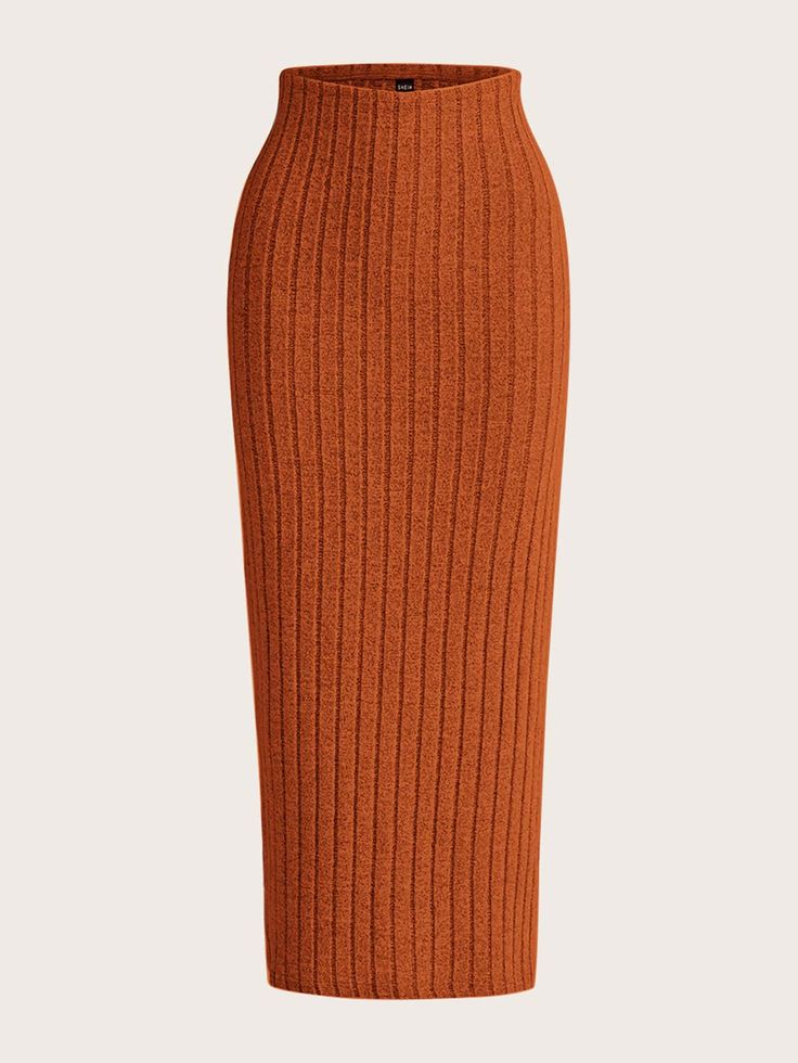 SHEIN EZwear High Waist Ribbed Knit Skirt Orange Skirt Outfit, Ribbed Knit Skirt, Stylish Work Attire, Orange Skirt, Knit Pencil Skirt, Clothes Closet, Skirt Outfit, Orange Fashion, Knit Skirt