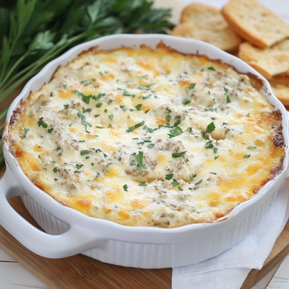 a casserole dish with cheese and meat in it on a cutting board next to crackers