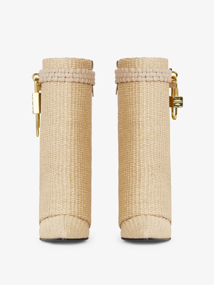 Shark Lock ankle boots in raffia | GIVENCHY Paris Givenchy Shark, Almond Toe Boots, Givenchy Shoes, Wedge Heel Boots, Givenchy Paris, High Heel Wedges, Stiletto Sandals, Biker Boots, Heels & Wedges