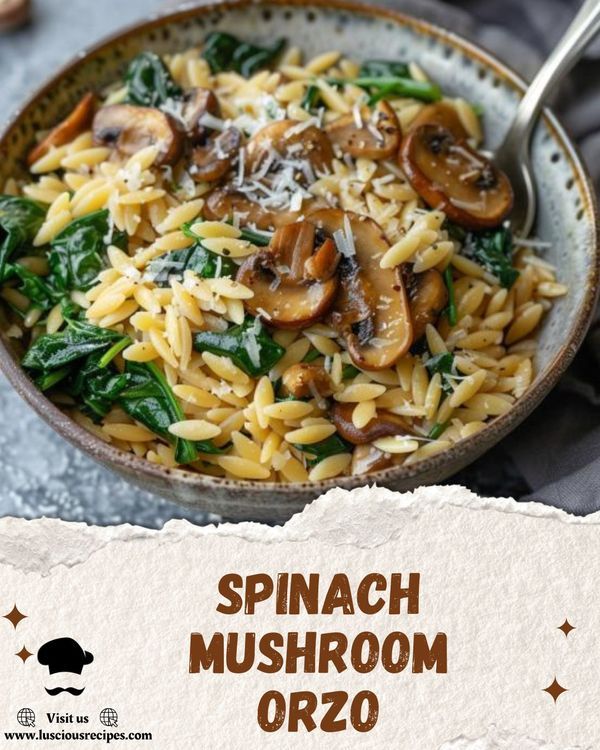 spinach mushroom orzo with cheese in a bowl