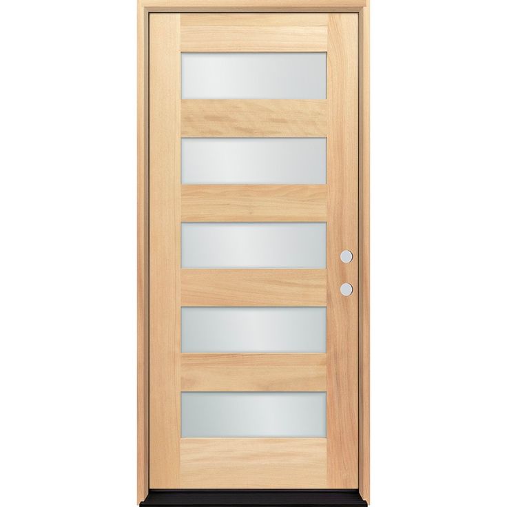 a wooden door with frosted glass panels on the front and side paneling,