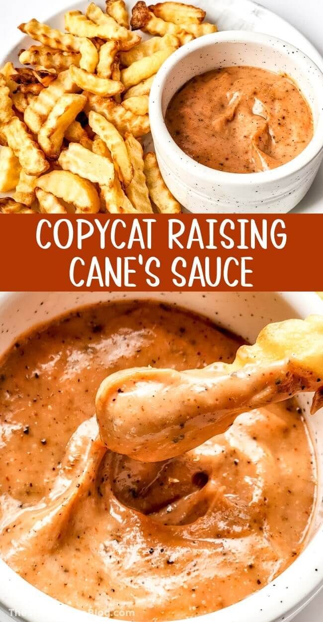 two pictures showing different types of food and the words copycat raising cane's sauce