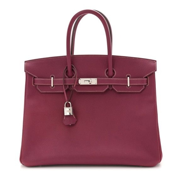 This is an authentic HERMES Epsom Candy Birkin 35 in Tosca and Rose Tyrien. This stylish Birkin handbag is crafted of luxurious calfskin leather in in a berry purple tone. Thisfeatures looping leather top handles, a cross over flap with a strap closure and palladium silver hardware. This opens to a pink leather interior with zipper and patch pockets. Elegant Pink Epsom Leather Bag, Classic Pink Epsom Leather Bag, Luxury Purple Bags With Palladium Hardware, Luxury Burgundy Bags With Silver-tone Hardware, Elegant Burgundy Bag With Silver-tone Hardware, Elegant Pink Bag With Leather Lining, Elegant Pink Bags With Leather Lining, Luxury Purple Bag With Branded Hardware, Birkin Handbags