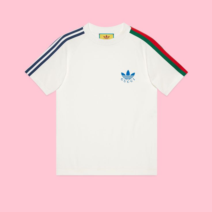 adidas x Gucci Trefoil print T-shirt in off-white | GUCCI® US Adidas X Gucci, Gucci Tshirt, Gucci Adidas, Adidas Tshirt, Gucci Shirt, Gucci T Shirt, Tshirt Design Men, Adidas X, Sportswear Brand