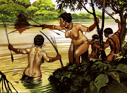 an image of people in the water with spears