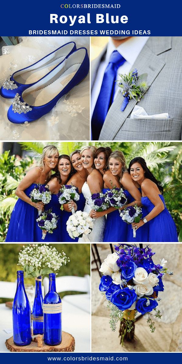 blue and white wedding color scheme with bridesmaid dresses, bouquets and boutonnieres