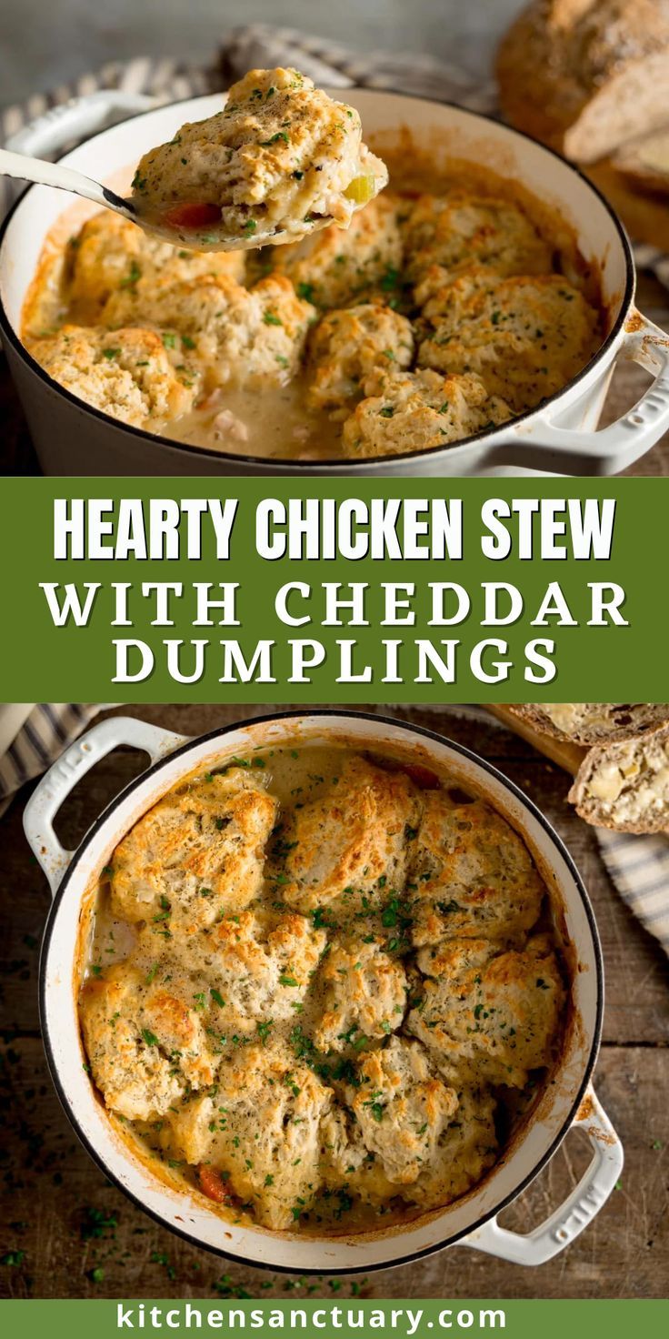 hearty chicken stew with cheddar dumplings in a white casserole dish