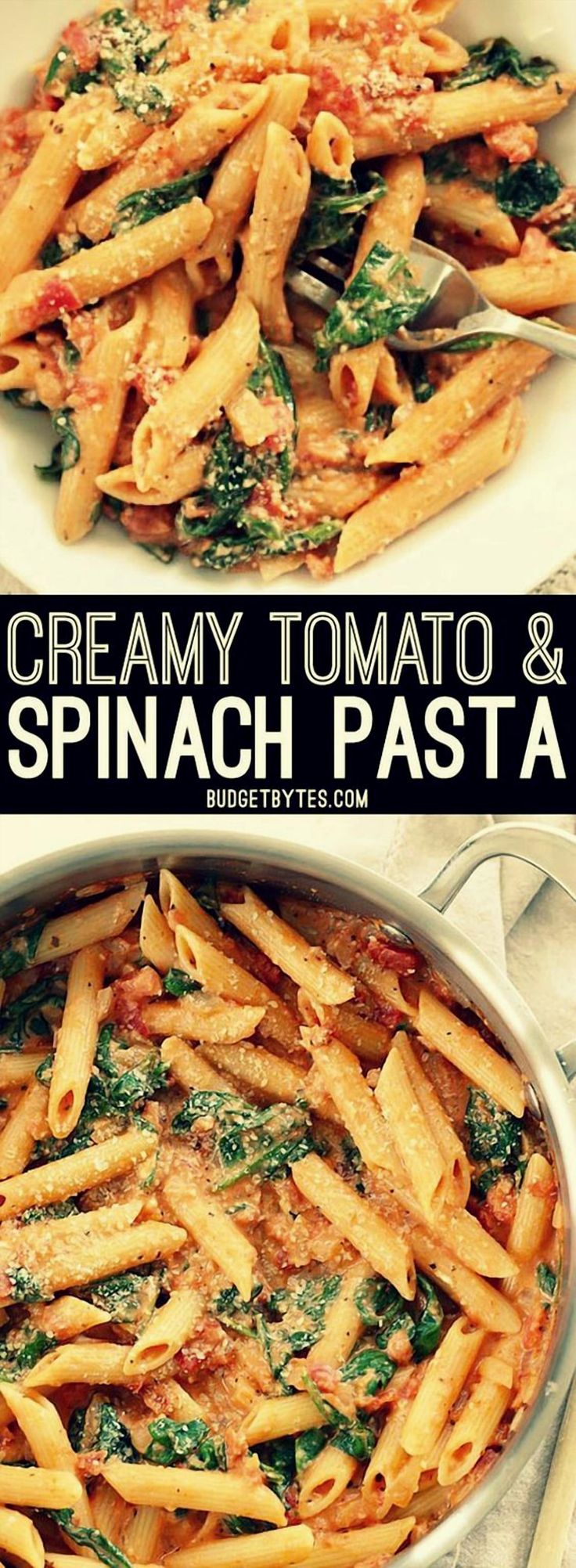 creamy tomato and spinach pasta in a pan with a serving spoon on the side