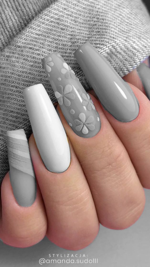 Grey Acrylic Nails, Grey Nail Designs, Fancy Nails Designs, Pretty Nail Art Designs, Gray Nails, Acrylic Nails Coffin Short, Silver Nails, Luxury Nails, Fancy Nails