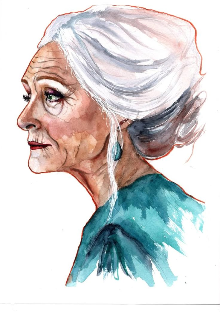 an older woman with white hair and blue dress is shown in this watercolor painting