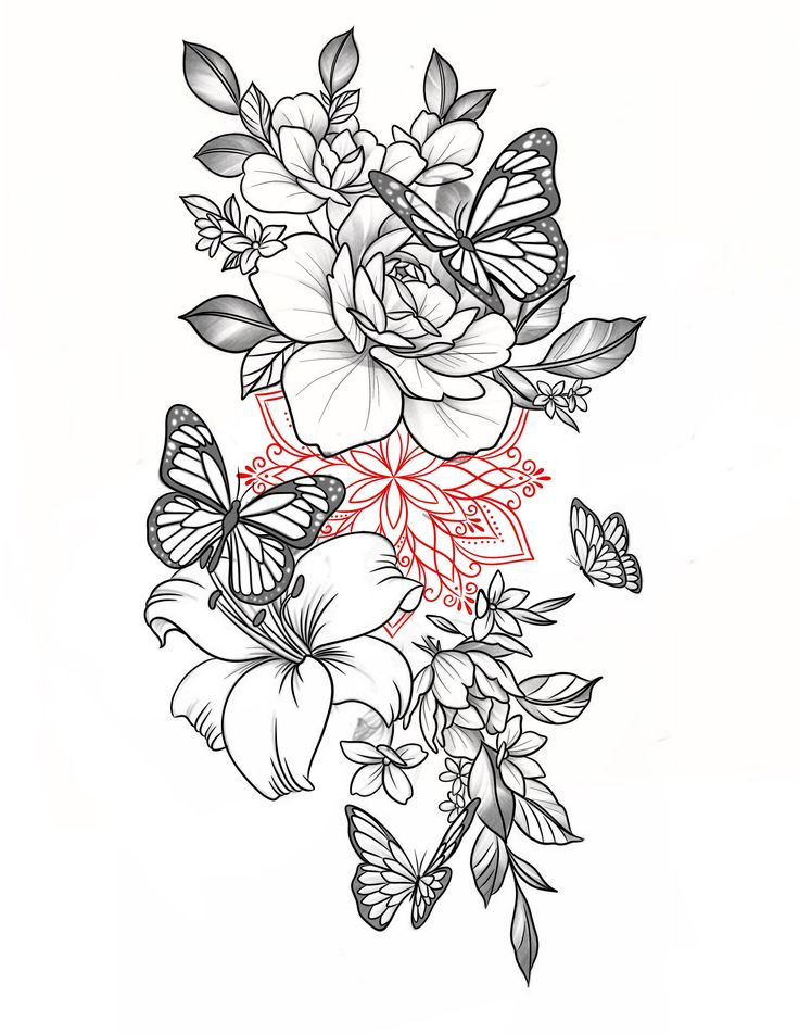 a drawing of flowers and butterflies on a white background