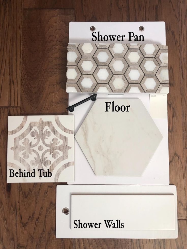 the flooring options for a bathroom are shown in three different colors and sizes, including tile