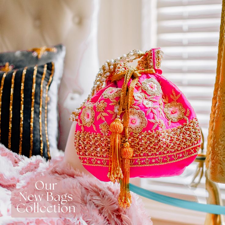 A perfect blend of Indian intricacy and Iranian design! This stunning pouch bag is dazzled with zardozi embroidery, sequins work and pearl moti with tassel finishing in the end. In-stock & ready-to-ship. *Please note, The placement of the embellishments may vary slightly as each bag is handmade and has unique qualities each time it is remade. We use faux stones and beads in all of our jewelry. Festive Gold Bag With Tassels, Elegant Festive Tassel Bags, Elegant Festive Bags With Tassels, Festival Potli Bag With Tassels For Party, Festive Party Bags With Tassels, Gold Potli Bag With Tassels For Festivals, Festive Elegant Potli Bag With Tassels, Traditional Gold Potli Bag With Tassels, Bollywood Style Bags With Handwork For Reception