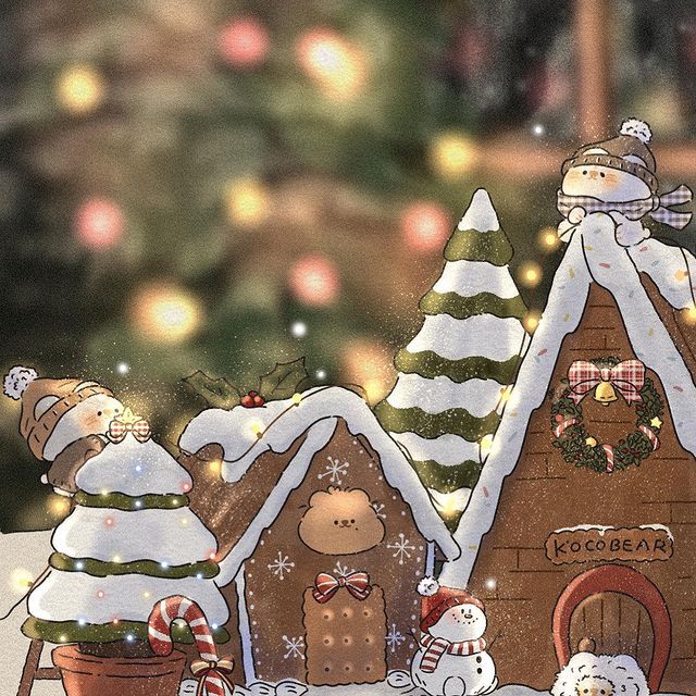 a christmas scene with gingerbread houses and snowmen