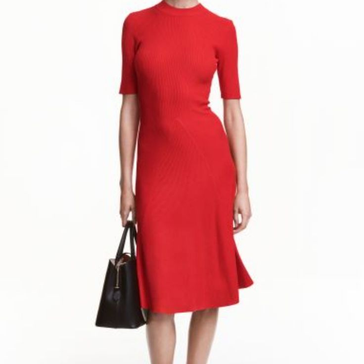 Red...Plenty Of Stretch Red Short Sleeve Winter Dresses, Ribbed Red Dress For Winter, Red Short Sleeve Midi Dress For Fall, Ribbed Red Winter Dress, Red Ribbed Winter Dress, Fitted Ribbed Red Dresses, Red Ribbed Knee-length Dress, Red Stretch Midi Dress For Work, Classic Red Dress For Fall